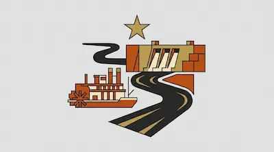 Flat illustration of Brazos River with paddle-wheel boat, oil derricks, and warehouse among winding waterway