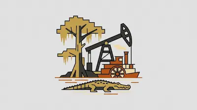 Flat illustration of Caddo Lake with cypress tree, oil pump jack, and alligator among wetland landscape