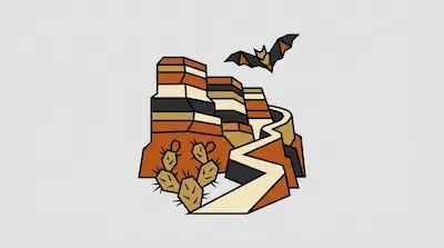 Flat illustration of Caprock Escarpment with layered rock formations, prickly pear cactus, and flying bat
