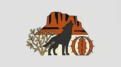 Flat illustration of Chihuahuan Desert with desert wolf, canyon rock formations, and prickly pear cactus