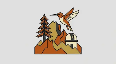 Flat illustration of Davis Mountains with desert peaks, conifer tree, and native orange bird
