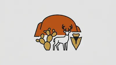 Enchanted Rock shows a reddish dome formation, mule deer with antlers, and prickly pear cactus