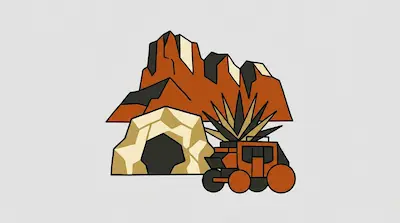 Guadalupe Mountains with jagged peaks, mountain cave, hiking boot, saguaro cactus, and mine cart