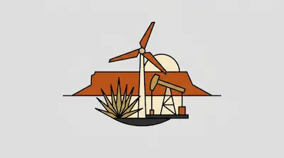 Flat illustration of Llano Estacado with high plains plateau, wind turbine, and oil derrick