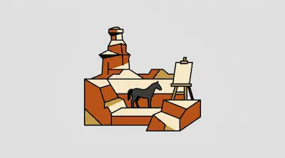 Palo Duro Canyon with layered rock formations, tower, artist easel, and horse silhouette