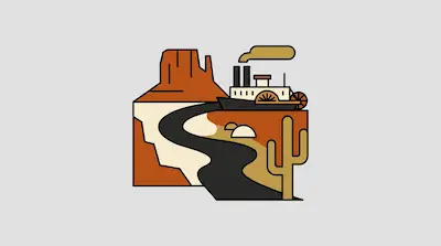 Rio Grande River with desert butte, winding canyon waterway, paddlewheel steamer, and cactus