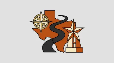 A burnt orange outline of Texas featuring a gold compass rose, a winding black road, and a star-topped monument.