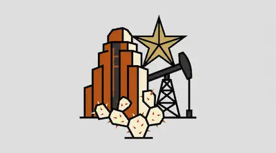 A stylized graphic featuring a brown skyscraper, a gold star, an oil derrick, and a prickly pear cactus.