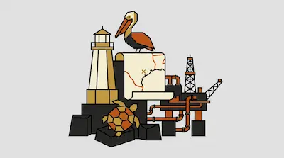 A lighthouse, a pelican perched on a map, a sea turtle, and an industrial oil rig are arranged in a geometric composition.