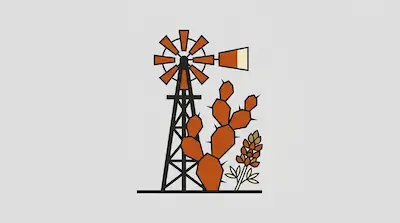 A stylized windmill, prickly pear cactus, and bluebonnet flower rendered in a minimalist, geometric style with earthy tones.