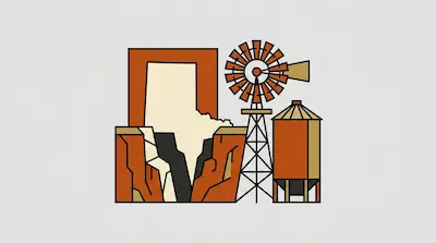 Texas Panhandle illustrated with a windmill, ranch structures, and oil derrick in orange tones on cream background