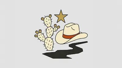 A prickly pear cactus, a cowboy hat, and a five-pointed star are arranged above a dark winding path.