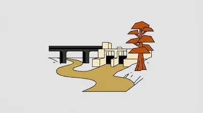 Trinity River flowing through urban landscape with overpass bridge, buildings, and orange trees in tan and cream tones