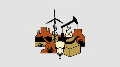 West Texas landscape showing wind turbine, oil pump, desert terrain, animal skull, and cactus in orange and tan tones