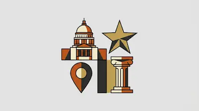 Four stylized icons including a capitol building, a star, a map pin, and a classical column in shades of tan, brown, and black.