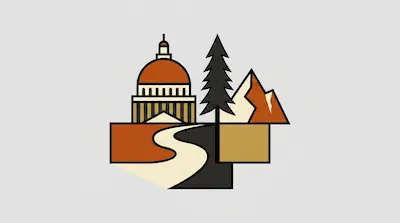 A domed building, a pine tree, and mountains are arranged above a winding path in a minimalist graphic.