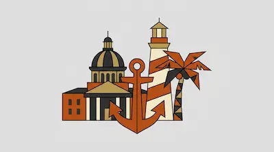 A geometric graphic featuring a domed building, a large anchor, a striped lighthouse, and a palm tree.