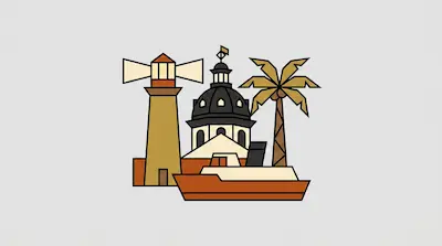 A lighthouse, a domed building, a palm tree, and a boat rendered in a stylized, geometric design.