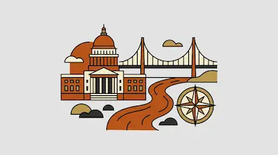 A domed building, a suspension bridge, and a winding river are depicted with a compass rose in a minimalist, orange and tan style.