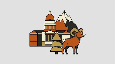 A minimalist graphic featuring a capitol building, a snow-capped mountain, a bighorn sheep, and an evergreen tree.