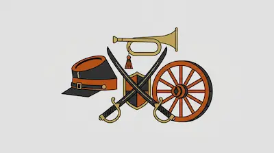 A kepi hat, a bugle, crossed sabers over a shield, and a wagon wheel in orange, black, and gold.