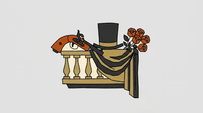 A pistol, a top hat, and a bouquet of roses rest on a draped balcony railing.