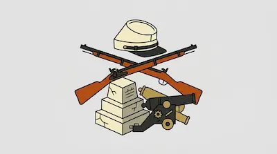 A military cap rests above two crossed rifles, a stack of stone blocks, and a cannon.