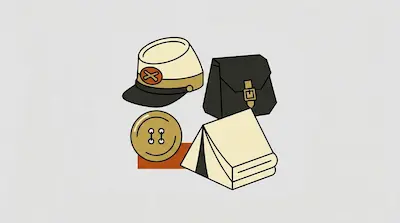 A cream-colored military cap, a black satchel, a large gold button, and a folded tent.