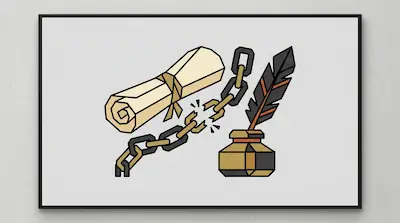 A rolled scroll, a broken chain, and an inkwell with a quill pen.