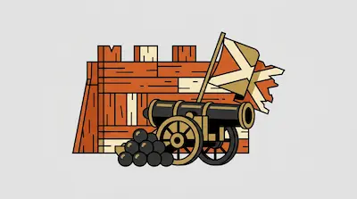 A black cannon and a pile of cannonballs sit in front of a wooden fortification and a flag.