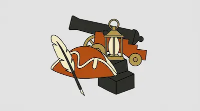 A cannon, a tricorn hat with a feather, a quill pen, and a lantern are grouped together.