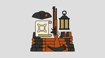A tricorn hat, lantern, map, musket, and powder horn arranged around a log wall.