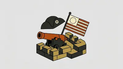 A tricorn hat, a cannon behind a stone wall, and a flag with thirteen stars arranged in a circle.