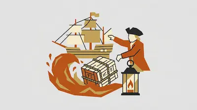 A person in a tricorne hat reaches toward a wooden crate near a large wave, with a sailing ship and a lantern in the background.