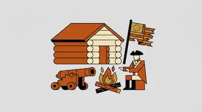 A stylized scene featuring a log cabin, a tattered American flag, a cannon, and a person in historical military attire warming their hands by a campfire.