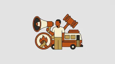A person holds a megaphone in front of a bus, positioned between a large gavel and a circular emblem of a raised fist and flame.