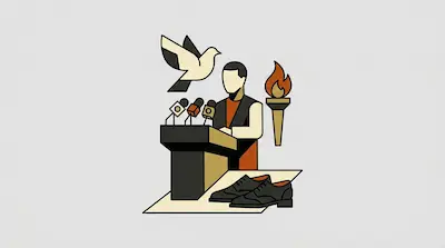 A person stands at a podium with microphones, with a bird flying above, a torch to the right, and a pair of shoes in the foreground.