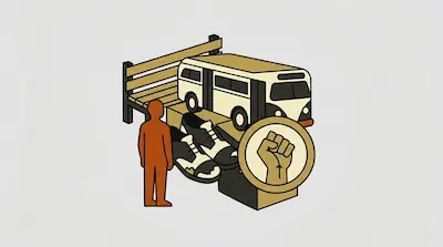 A person stands beside a bus, a wooden bench, a pair of shoes, and a circular icon of a raised fist.