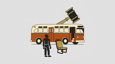 A vintage orange and cream bus with a large gavel on its roof, a person standing in front, and a single bus seat on the ground.