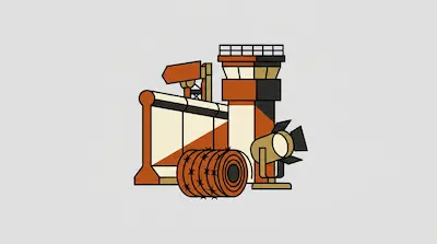 A minimalist graphic featuring a concrete wall, a watchtower, a roll of barbed wire, and a spotlight.