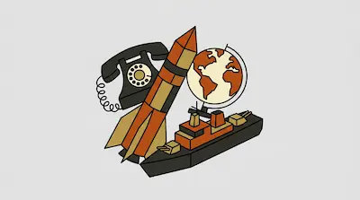 A rotary phone, a rocket, a globe, and a battleship.