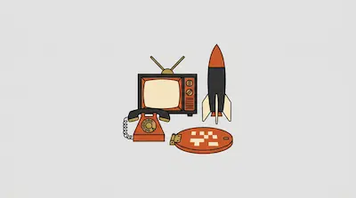A retro television, a rotary phone, a rocket, and a circular object with geometric patterns.