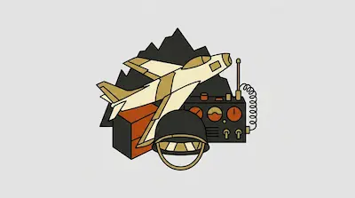 A tan fighter jet, a military helmet, a radio, and a crate are grouped together in front of dark mountains.