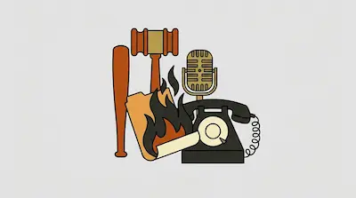 A collection of icons including a baseball bat, a gavel, a microphone, a rotary telephone, and a burning document.