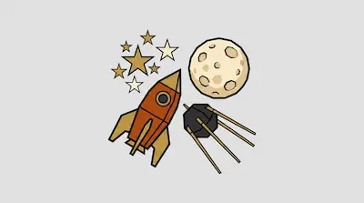 A stylized orange rocket, a cratered moon, a satellite, and several stars.