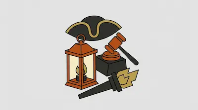 A tricorn hat, a lit lantern, a judge's gavel, and a torch.