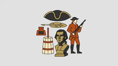 Flat illustration of colonial era items including a tricorn hat, a quill pen, an inkwell, and a man holding a rifle
