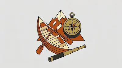 Flat illustration of a wooden rowboat, a compass, and a telescope in front of a snowy mountain peak on a gray background