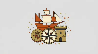 A sailing ship, a compass rose, a coin bearing a crown and shield, and a castle tower grouped together.