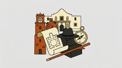 Flat illustration of a mission building, a bell tower, a compass, and a map scroll on a light gray background